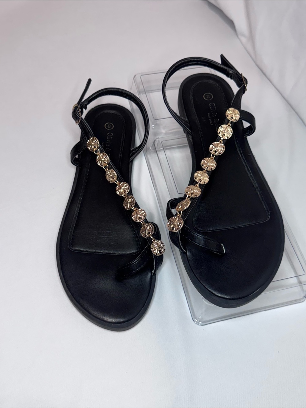 Olivia & Kate NY Coin Embellished Flat Thong Sandals Black - Picture 5 of 6